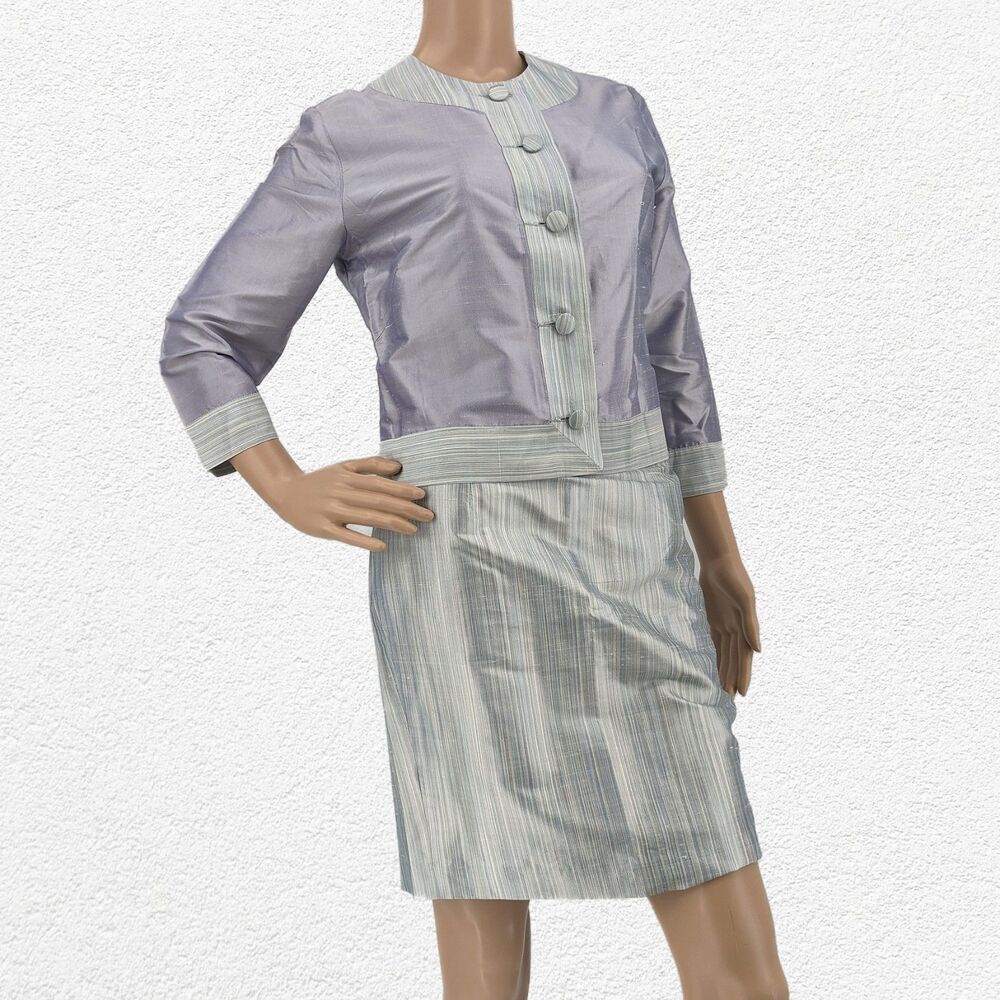 Vintage 1990s Sansappelle Jacket and Skirt Set Purple Silk Striped Size 6-8
